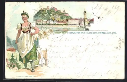 Lithographie Graz, Gasthaus Restauration am Schlossberg mit Stadtpanorama u. Brücke, Grazerin mit Ziege