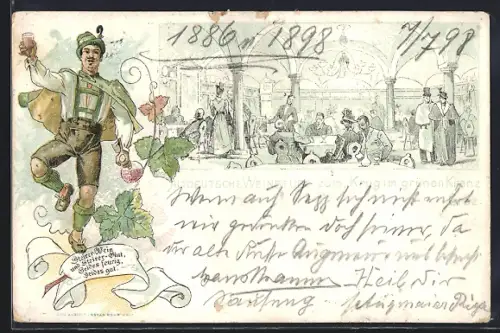 Lithographie Graz, Gasthaus Weinstube zum Krug im grünen Kranz, Innenansicht mit Gästen, Zecher in Tracht