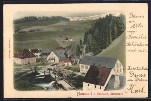 AK Neumarkt in der Steiermark, Hammerl mit Schleuse aus der Vogelschau