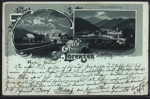 Mondschein-Lithographie St. Lorenzen b. Scheifling, Schrattenberg, Ortsansicht mit Landstrasse, silberner Mond
