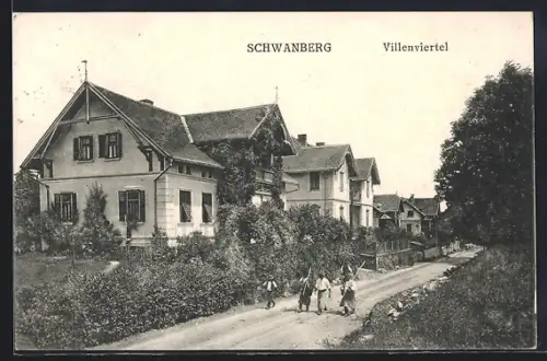 AK Schwanberg, Villenviertel, Strassenpartie, Gruppe mit Stecken