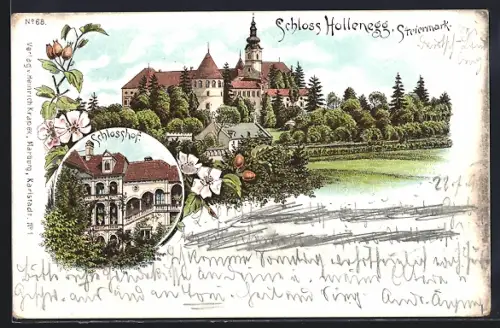 Lithographie Hollenegg, Schloss Hollenegg mit Anlagen, Schlosshof