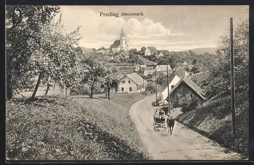 AK Preding / Steiermark, Teilansicht mit Pferdewagen
