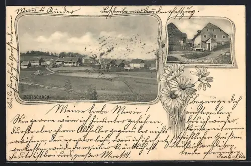 AK Zeutschach, Gasthaus Severin Seidl, Ortsansicht mit Feldern, Rahmen, Blumen