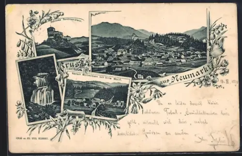 AK Neumarkt, Vorort Strimitzen mit Villa Wolf, Wasserfall, Gesamtansicht