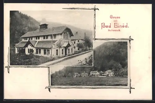 AK Bad Einöd, Strassenpartie am Schwimmbad, Panorama