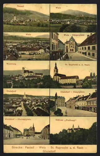 AK Weiz, Bürgerplatz, Gleisdorf-Florianiplatz, Passail Ortspanorama