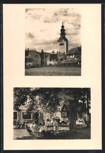 AK St. Marein, Gasthof und Pension M. u. A. Stiglohen mit Gartenpartie, Blick zur Kirche
