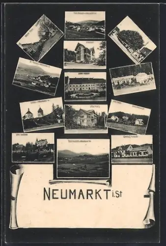 AK Neumarkt i. St., Villa Maly, Kirche, Villa Reiterer