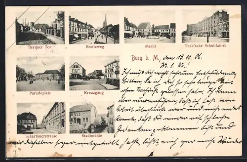 AK Burg b. M., Breiteweg, Schartauerstrasse, Tack'sche Schuhfabrik