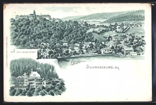 Lithographie Schwarzburg i. Th., Hotel Weisser Hirsch, Ortsansicht