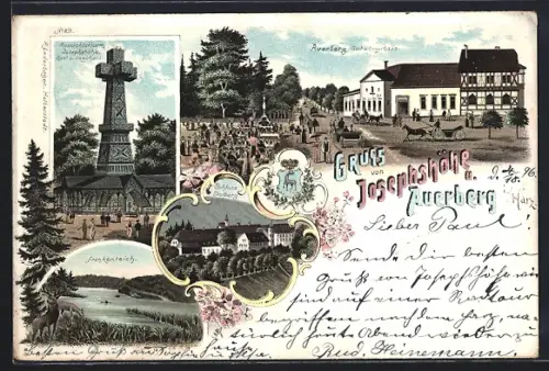 Lithographie Stolberg / Harz, Gasthäuser Josephshöhe und Auerberg, Frankenteich