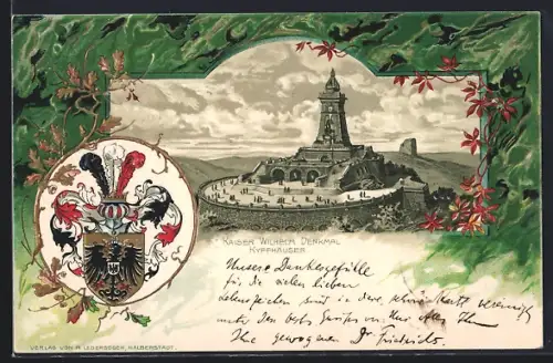 Lithographie Kyffhäuser, Wappen und Kaiser Wilhelm-Denkmal