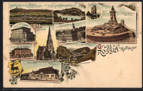 Lithographie Rossla / Kyffhäuser, Bahnhofstrasse mit Dr. Stremme's Pädagogium, Palais, Schloss