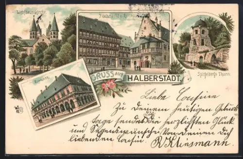 Lithographie Halberstadt, Fischmarkt und Rathaus, Spiegelbergs Turm, die Liebfrauenkirche