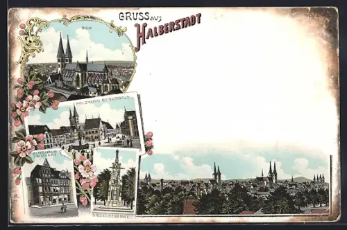 Lithographie Halberstadt, Holzmarkt mit Rathaus, Altes Haus, Siegesdenkmal, Dom