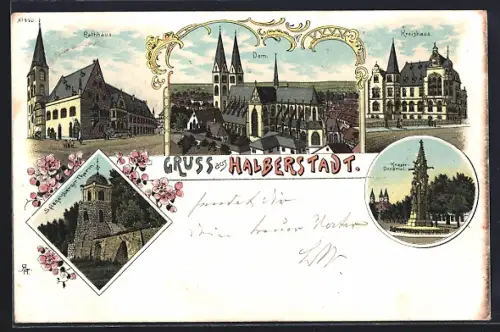 Lithographie Halberstadt, Rathaus, Kreishaus, Krieger-Denkmal
