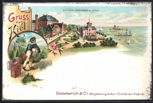 Lithographie Kiel, Schloss-Seegarten und Hafen, Reklame Dommerich & Co., Anker-Cichorien-Fabrik