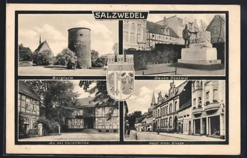 AK Salzwedel, Burgturm, Ulanendenkaml, An der Marienkirche, Wappen