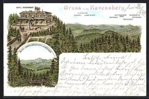 Lithographie Bad Sachsa, Gasthaus Ravensberg, Blick v. Marschallplat n. d. Brocken, Gebirgspanorama