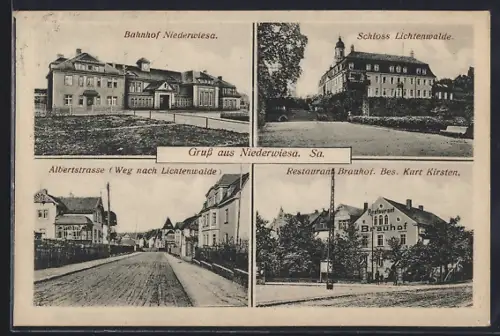 AK Niederwiesa / Sa., Restaurant Brauhof, Bahnhof, Alberstrasse, Schloss Lichtenwalde