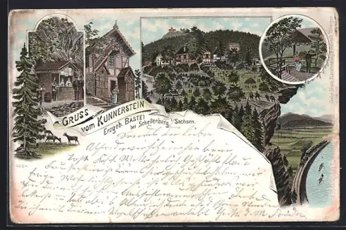 Lithographie Augustusburg, Kunnerstein mit Gasthaus, Blick ins Tal mit Eisenbahn