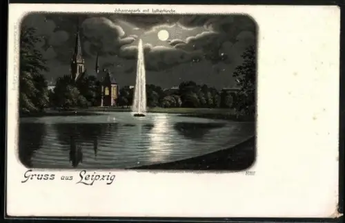 Lithographie Leipzig, Johannapark mit Lutherkirche