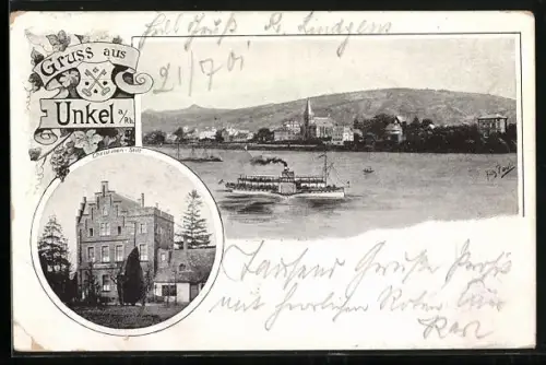 AK Unkel, Ortsansicht von Wasser und Partie am Christinen-Stift