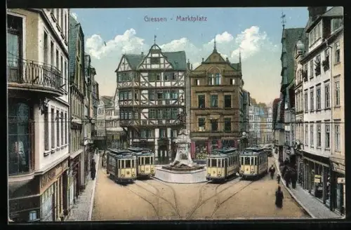 AK Giessen, Partie am Marktplatz mit Strassenbahnen