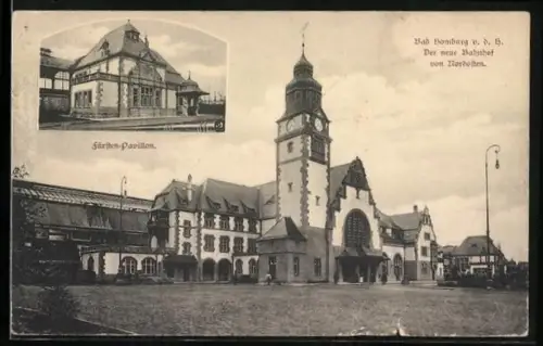 AK Bad Homburg, Der neue Bahnhof von Nordosten und Fürstenpavillon