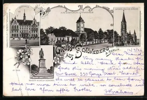 Lithographie Berlin-Schöneberg, Rathaus, Kaiser Wilhelm-Denkmal, Alte Dorfkirche & Pfarrhaus