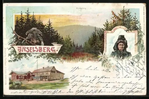 Lithographie Brotterode, Inselsberg, Preussischer Gasthof, Frau in Tracht