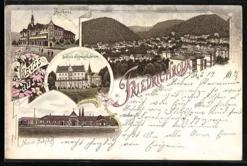 Lithographie Friedrichroda, Kurhaus, Schloss Reinhardsbrunn, Neuer Bahnhof