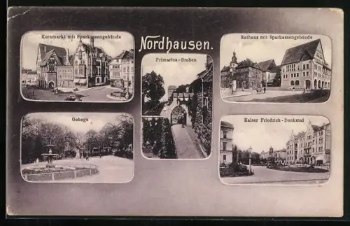 AK Nordhausen, Partien am Gehege, Kornmarkt mit Sparkassengebäude und Kaiser-Friedrich Denkmal