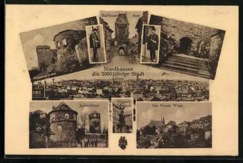 AK Nordhausen /Harz, Partie an den Judentürmen, Neptunbrunnen und Barfüsserthor