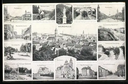 AK Werdau / Sachsen, Ortspartien Marktplatz, Leubnitzer Viadukt und Bahnhofstrasse