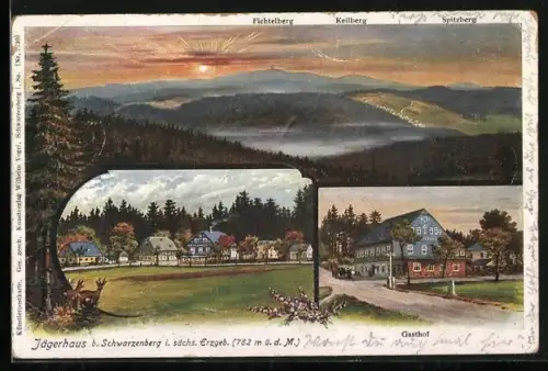 Künstler-AK Schwarzenberg / Sachsen, Gasthof Jägerhaus und Berglandschaft mit Fichtelberg