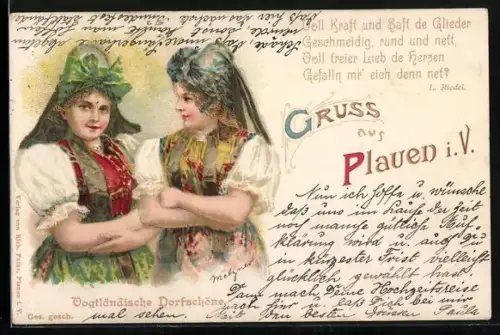 Lithographie Plauen / Vogtland, Dorfschöne in Vogtländischer Tracht
