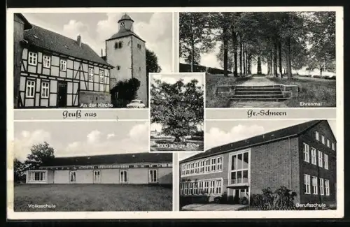 AK Gross Schneen, Ortspartien an der Kirche, Ehrendenkmal und Volks- und Berufsschule