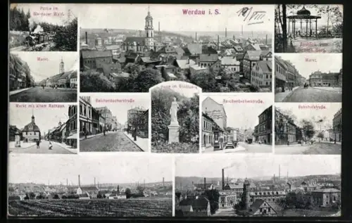 AK Werdau i. S., Ortpartien Markt, Reichenbacherstrasse und Bahnhofstrasse
