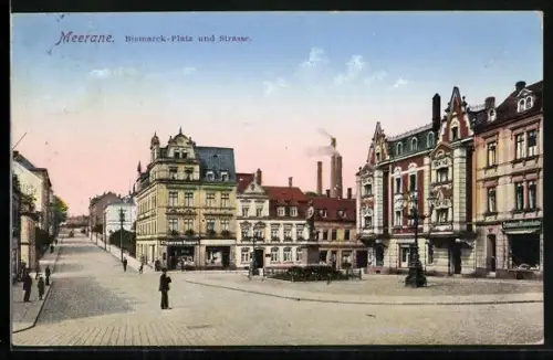 AK Meerane, Bismarck Platz und Strasse