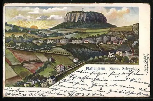 AK Pfaffenstein /Sächs. Schweiz, Ortsansicht mit Berg