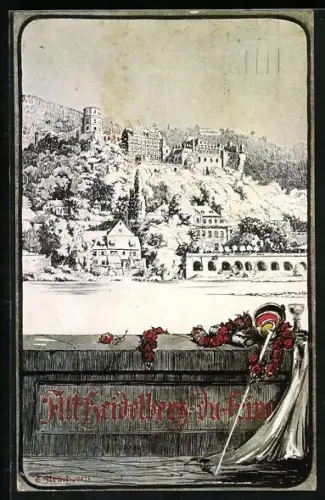 Künstler-AK Heidelberg / Neckar, Studentischer Blick zum Schloss, Schläger