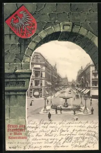 AK Frankfurt a. Main, Die Kaiserstrasse mit Springbrunnen, Wappen