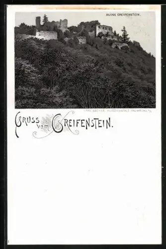 Lithographie Bad Blankenburg, Blick zur Ruine Greifenstein