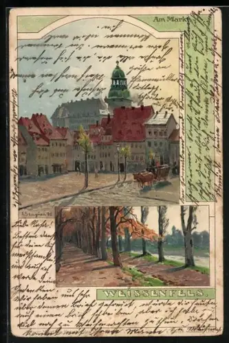 Künstler-AK Albert Stagura: Weissenfels, Markt im Sonnenschein, Allee im Herbstlicht