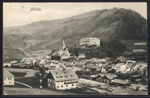 AK Murau / Steiermark, Ortsansicht mit Bahnhof