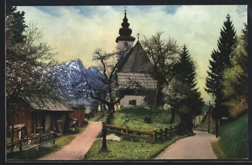 AK Bad Aussee, Strassengabelung bei der Kirche St. Leonhard