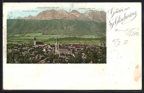 AK Schladming, Panorama mit Dachstein, Scheichenspitze und Sinabell