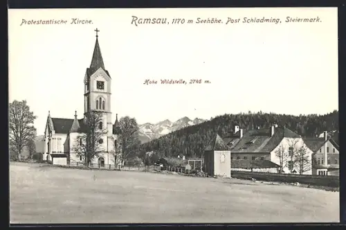 AK Ramsau /Dachstein, Platz mit Protestantischer Kirche